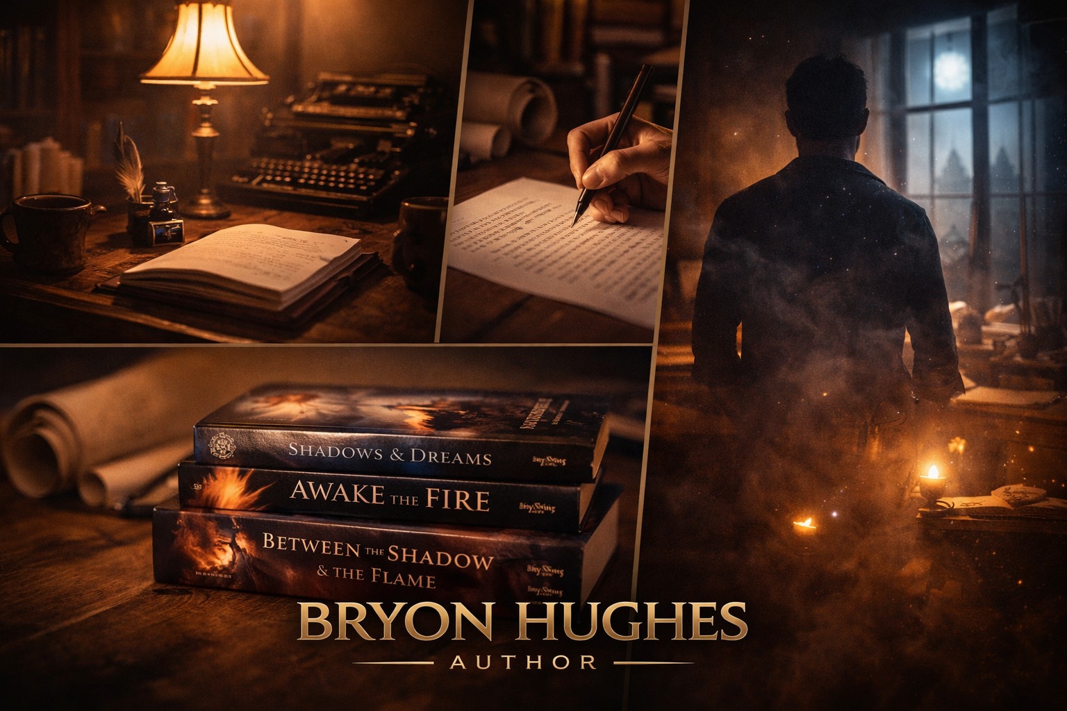 Writing desk, books, or author branding image